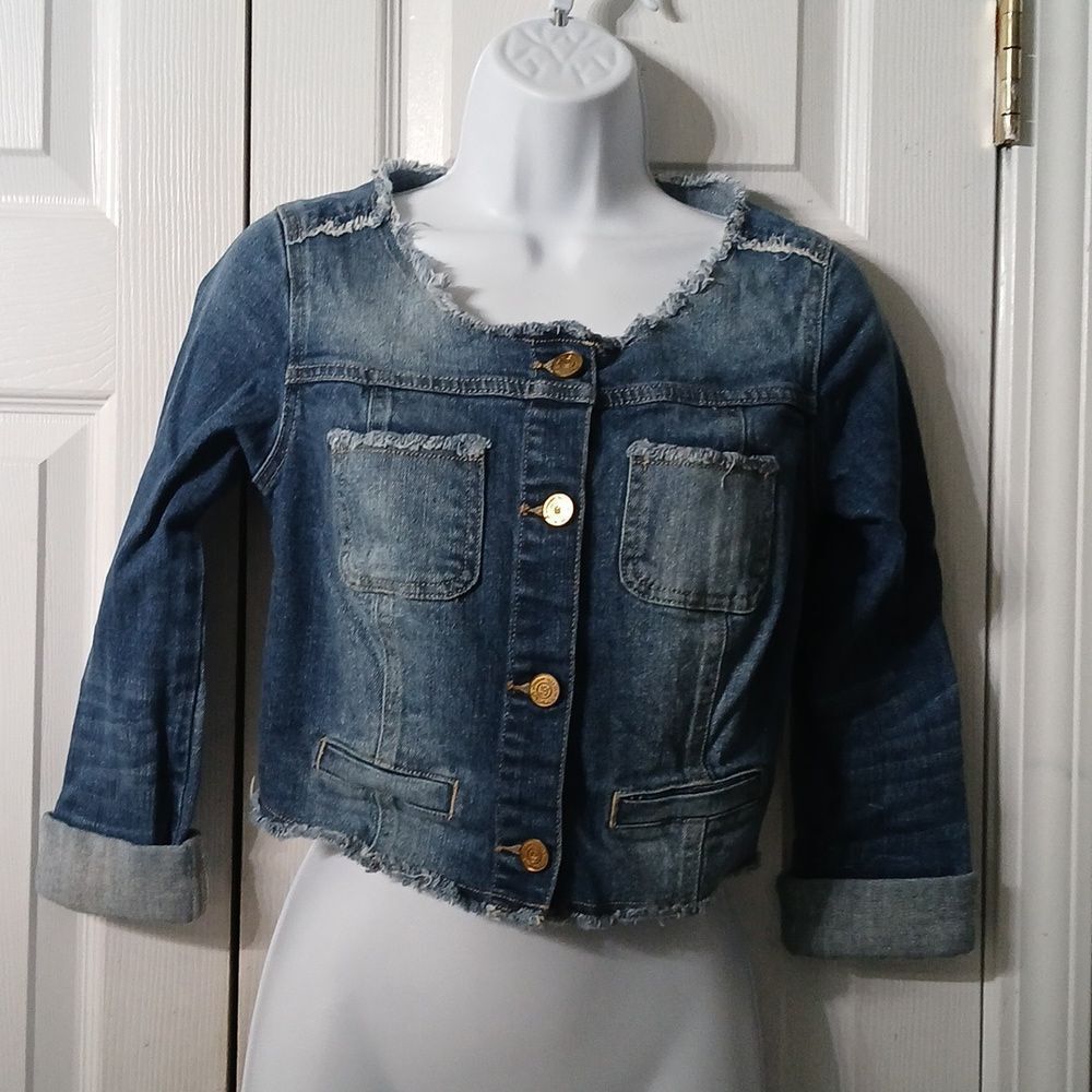 Princess Vera Wang cropped jean denim raw trim jacket Sz XS NWOT